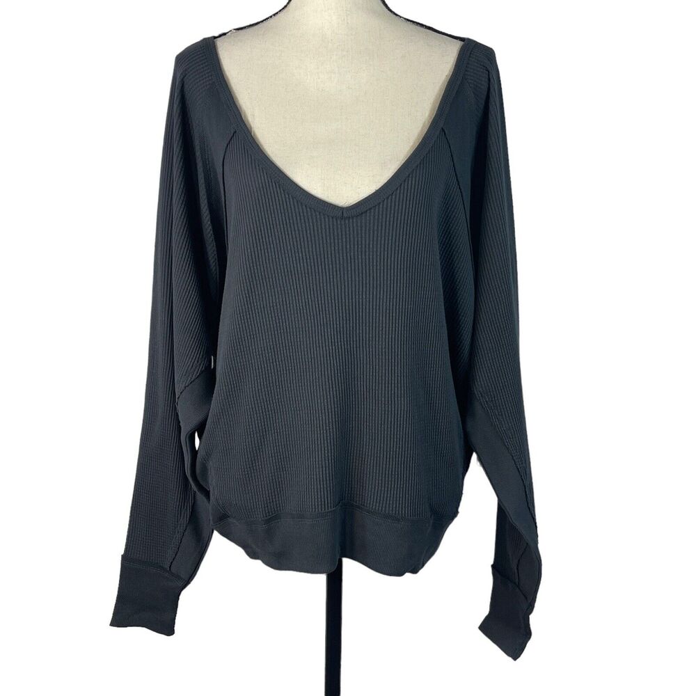 Free People X-Small Santa Clara Thermal Top Long Sleeves V-Neck Oversized Black